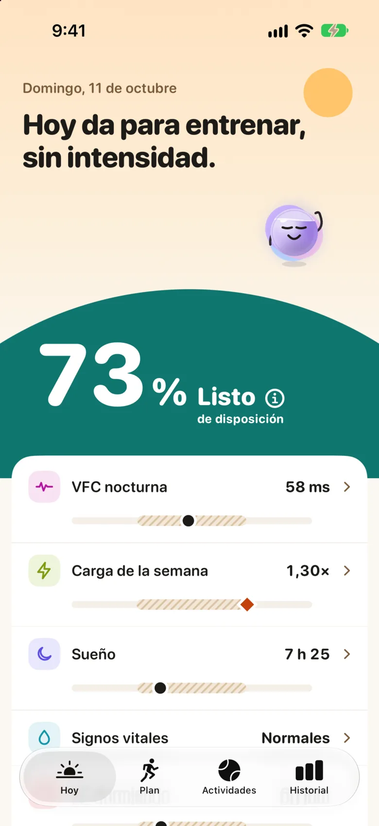 Pantalla Hoy de Pila con la disposición (datos de ejemplo)