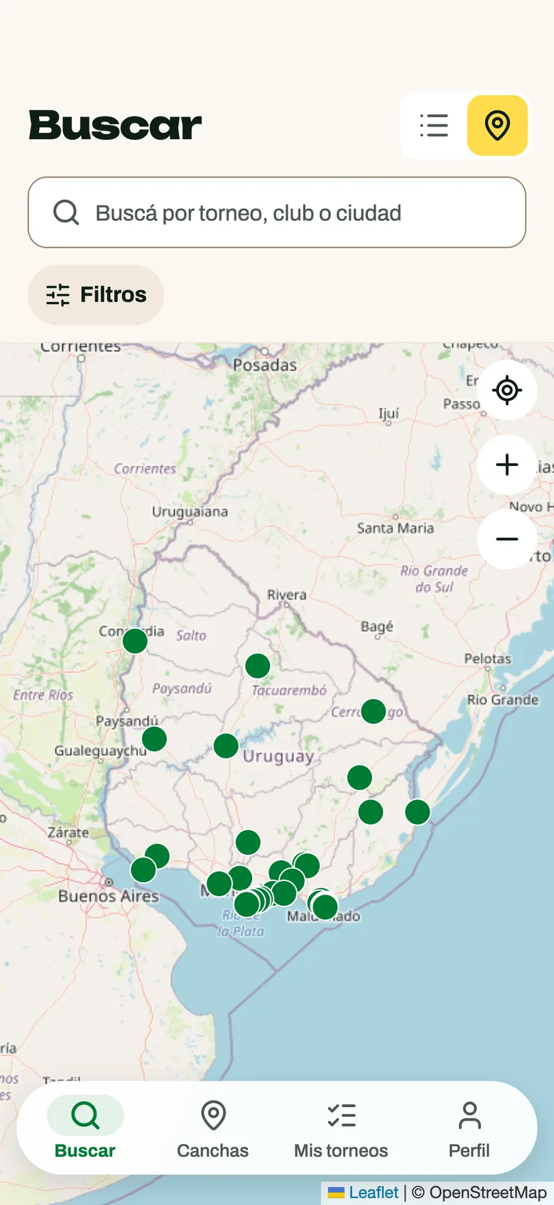Mapa de torneos en TorneosPadelUy
